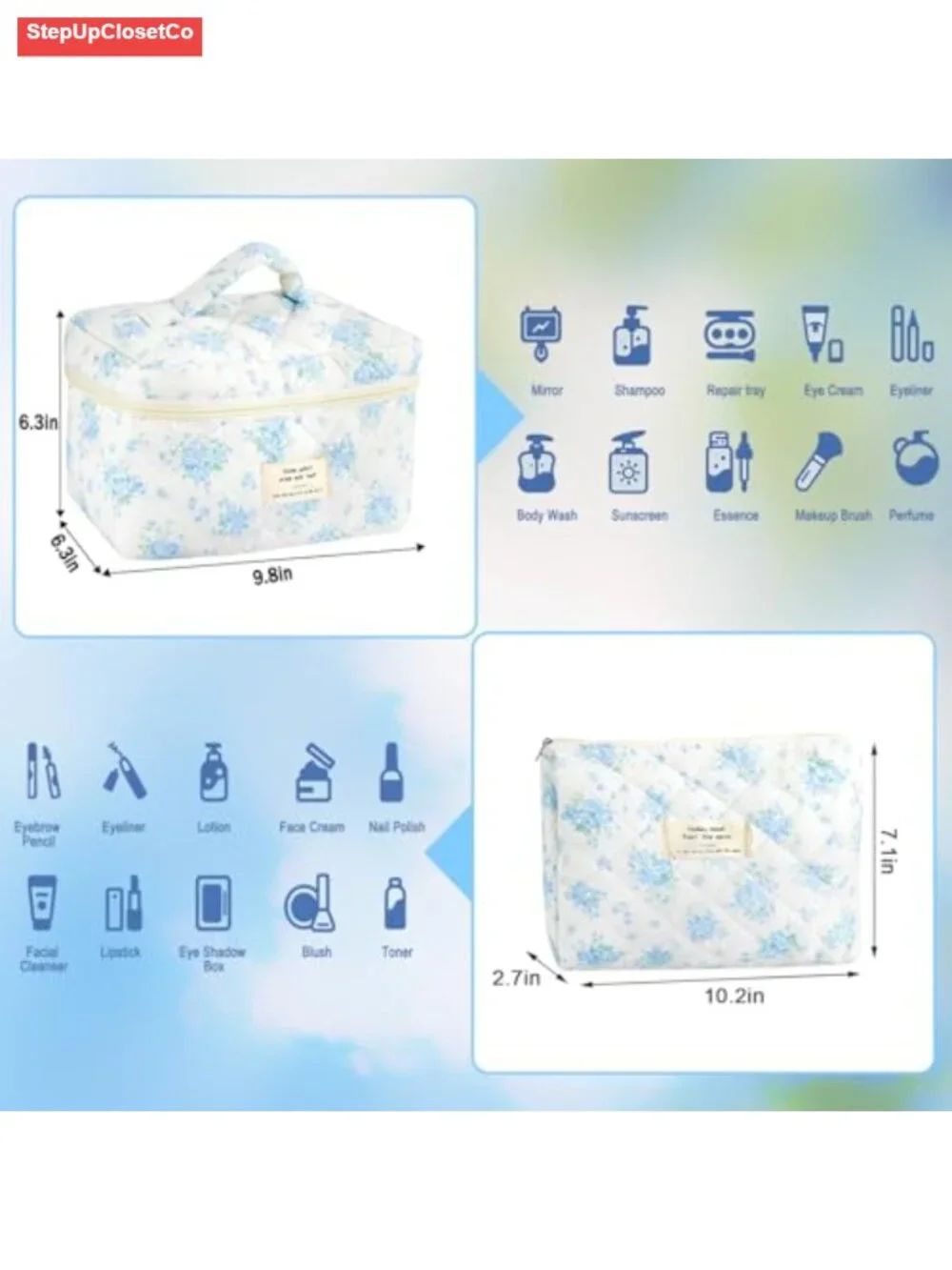 Quilted Cotton Makeup Bag Set of 3 Cosmetic Organizer Travel Toiletry Pouch